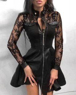 Vestito Donna Ecopelle Merletto Cerniera Sensuale