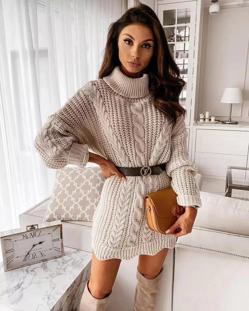 Vestito Donna Maxi Pull Collo Alto Caldo