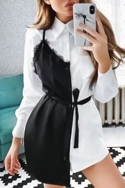 Vestito Donna Camicione Merletto Bicolore Cintura
