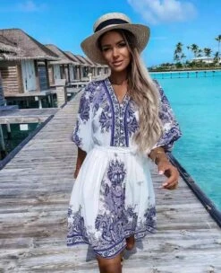 Vestito Donna Morbido Fantasia Cintura Bottoni