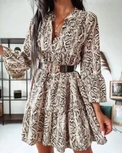 Vestito Donna Fantasia Pitonata Gonna Campana Manica Ampia