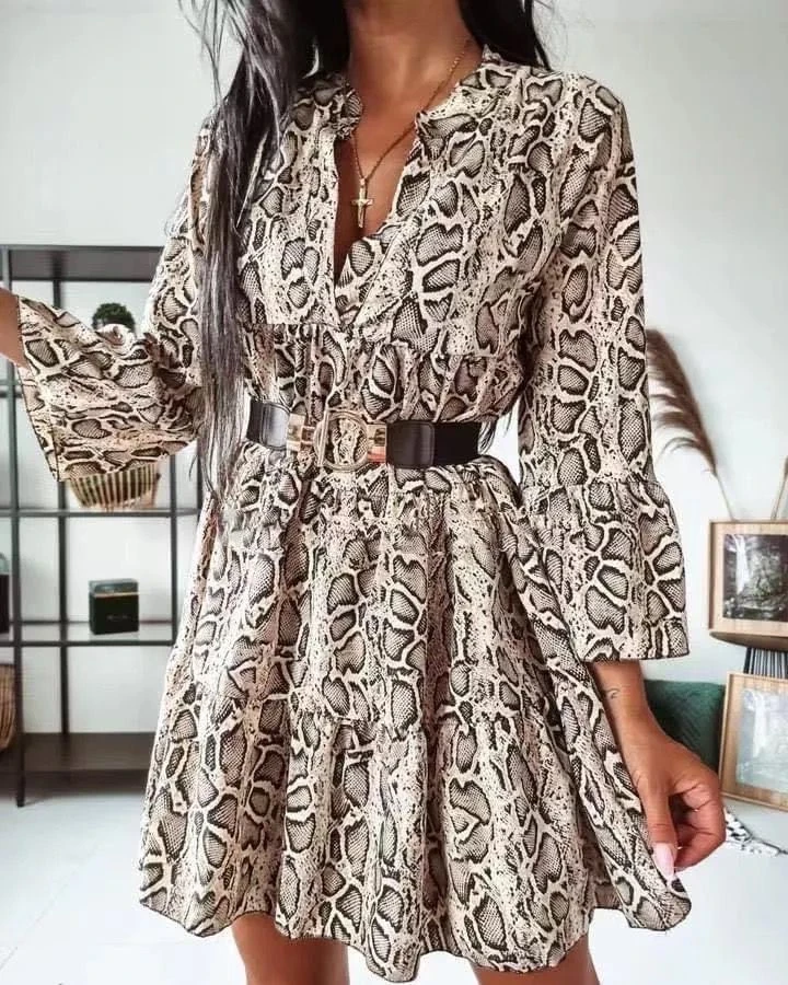 Vestito Donna Fantasia Pitonata Gonna Campana Manica Ampia 1 Vestito Donna Fantasia Pitonata Gonna Campana Manica Ampia