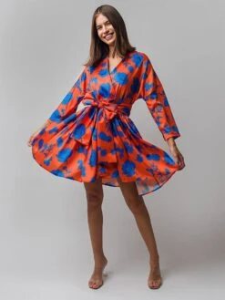 Vestito Donna Scollo V Cintura Fantasia Fiori Gonna Campana