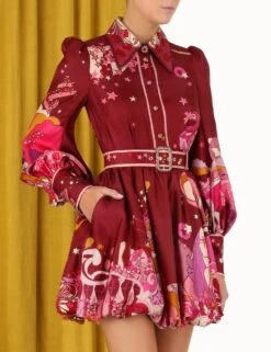 Vestito Donna Gonna Campana Fantasia Manica Sbuffo Cintura