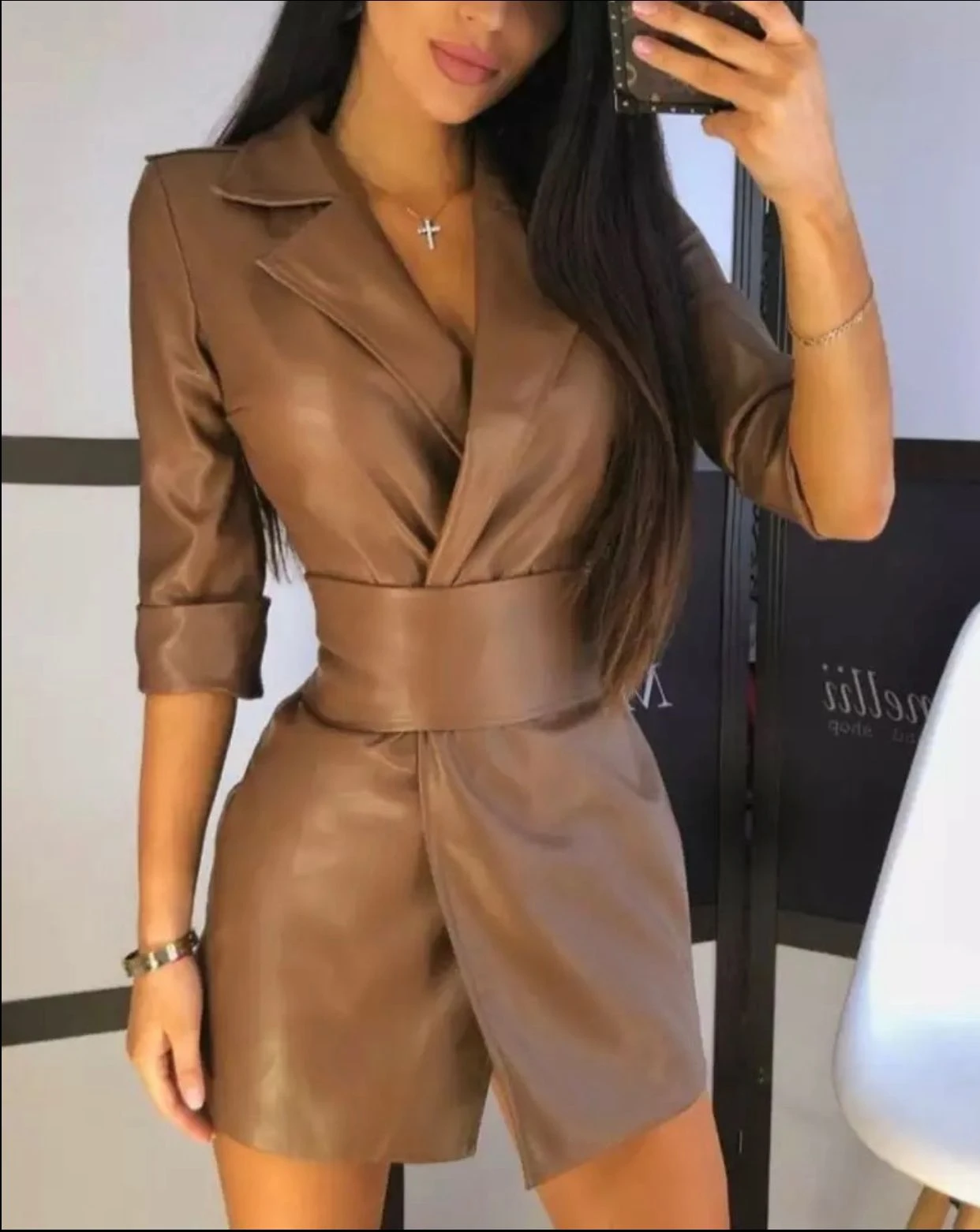 Vestito Donna Eco Pelle Cintura Casual Elegante 2 Vestito Donna Eco Pelle Cintura Casual Elegante - immagine 2