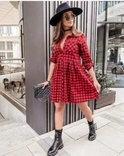 Vestito Donna Camicione Bottoni Gonna Campana Fantasia Quadretti Casual