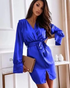 Vestito Donna Scollo V Manica Morbida Spacco Fiocco