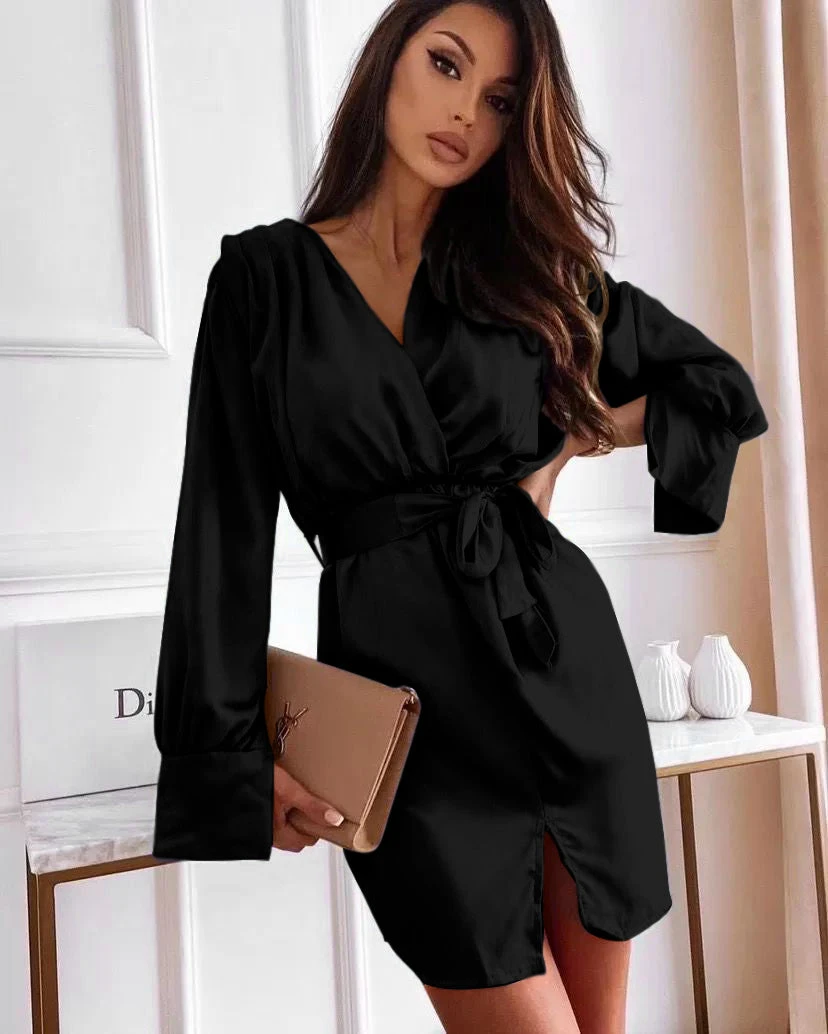 Vestito Donna Scollo V Manica Morbida Spacco Fiocco 2 Vestito Donna Scollo V Manica Morbida Spacco Fiocco - immagine 2