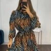 Vestito Donna Morbido Gonna Campana Cintura Fantasia Leopardata