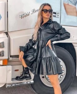 Vestito Donna Eco Pelle Camicione Bottoni Balza Casual