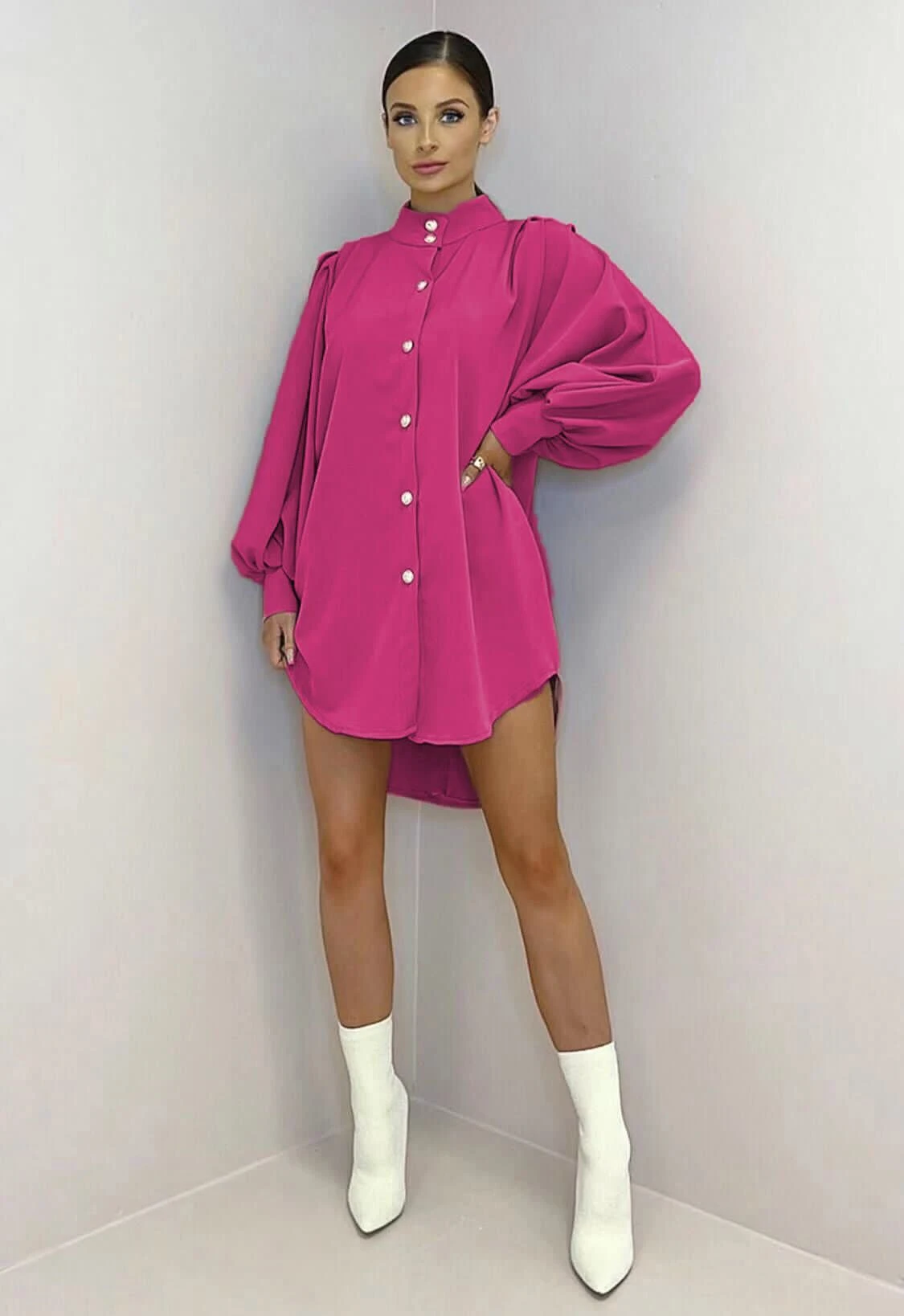 Vestito Donna Camicione Morbido Bottoni Manica Sbuffo Casual Elegante 3 Vestito Donna Camicione Morbido Bottoni Manica Sbuffo Casual Elegante - immagine 3