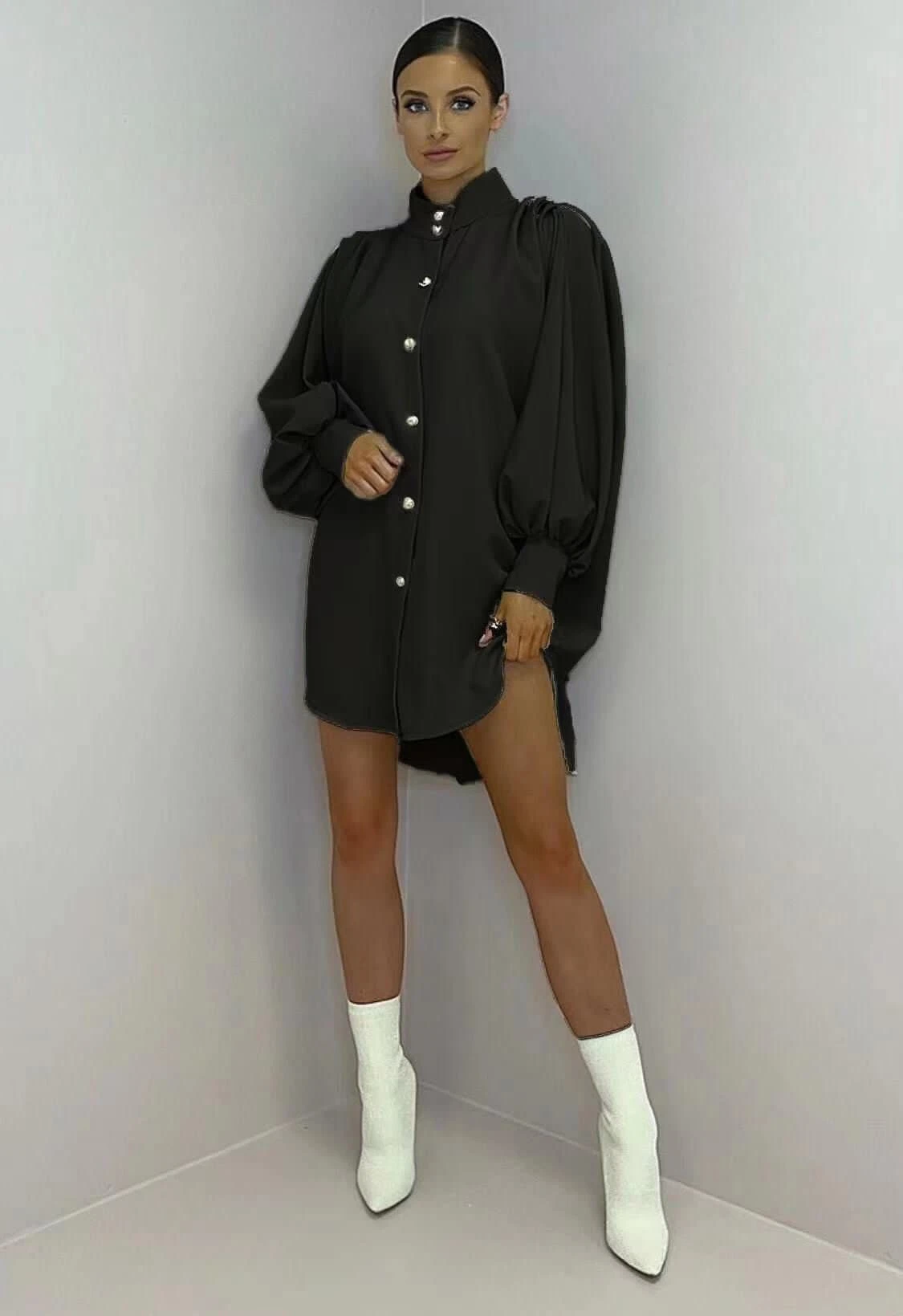 Vestito Donna Camicione Morbido Bottoni Manica Sbuffo Casual Elegante 2 Vestito Donna Camicione Morbido Bottoni Manica Sbuffo Casual Elegante - immagine 2