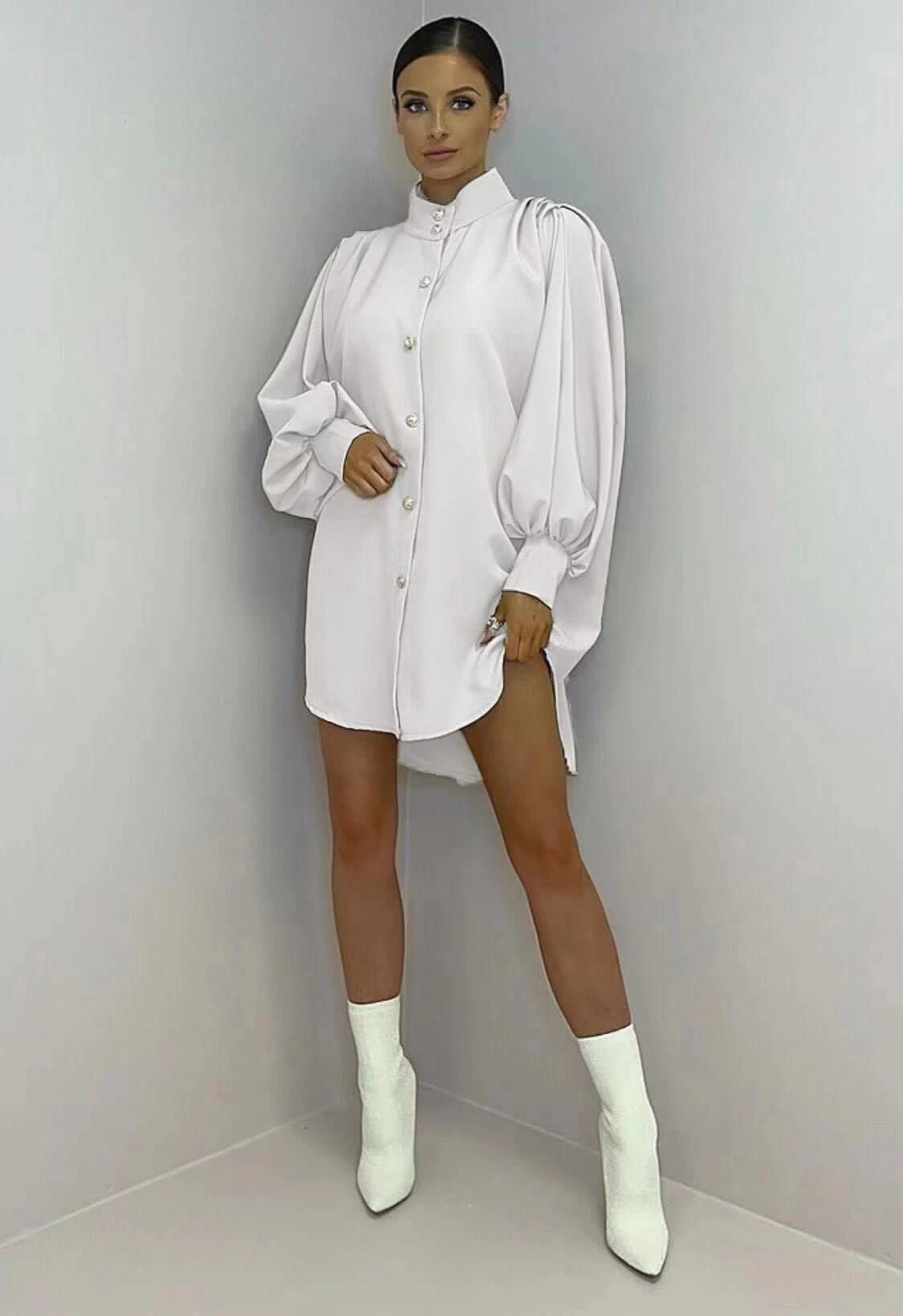 Vestito Donna Camicione Morbido Bottoni Manica Sbuffo Casual Elegante 1 Vestito Donna Camicione Morbido Bottoni Manica Sbuffo Casual Elegante