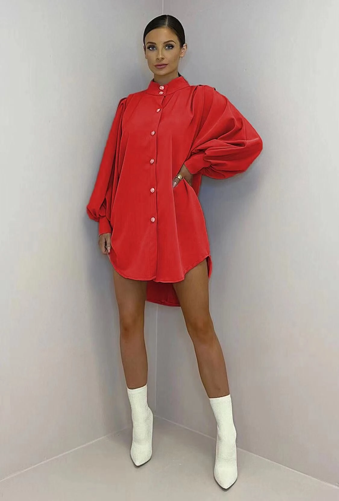 Vestito Donna Camicione Morbido Bottoni Manica Sbuffo Casual Elegante 4 Vestito Donna Camicione Morbido Bottoni Manica Sbuffo Casual Elegante - immagine 4