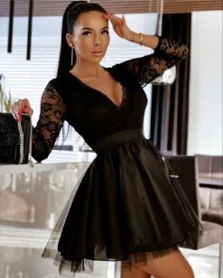 Vestito Donna Scollo V Manica Merletto Gonna Tulle Campana Elegante