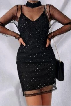 Vestito Donna Tubino Strass Velato Manica Lunga Tulle