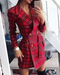 Vestito Donna Blazer Doppio Petto Fantasia Scozzese Bottoni Oro Cintura