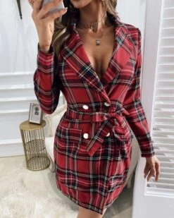 Vestito Donna Blazer Fantasia Doppio Petto Bottoni Oro Cintura