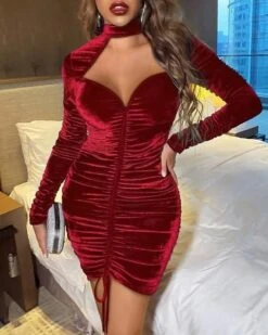 Vestito Donna Ciniglia Scollo Cuore Coulisse Manica Lunga Sensuale Elegante