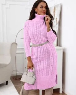 Vestito Donna Maxi Pull Collo Alto Manica Lunga Casual Elegante