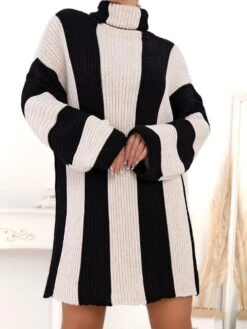 Linda Vestito Donna Maxi Pull Collo Alto Manica Lunga Ampia Morbido Casual Elegante