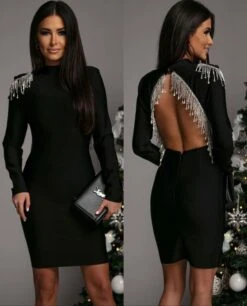 Vestito Donna Tubino Scollo Schiena Gioiello Manica Lunga Elegante