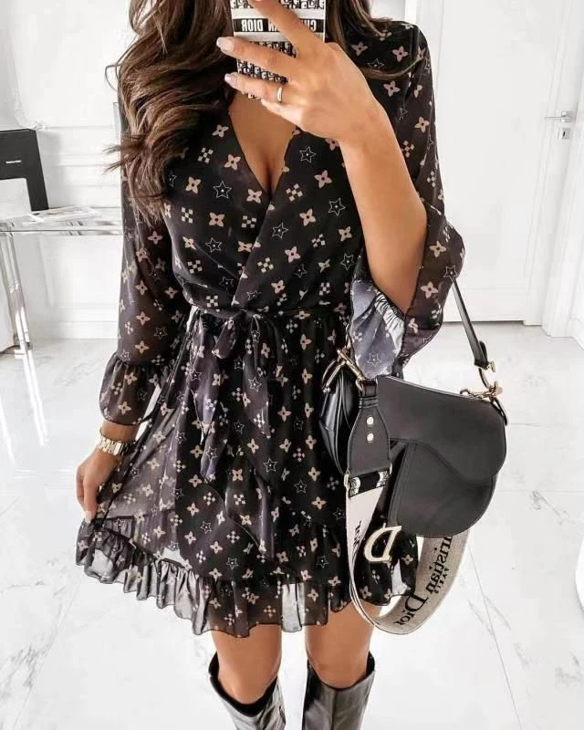 Vestito Donna Scollo V Manica Lunga Fantasia 1 Vestito Donna Scollo V Manica Lunga Fantasia