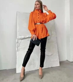 Vestito Camicione Donna Elegante Collo Alto Maniche Lunghe Morbide