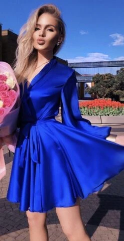 Vestito Donna Scollo V Fiocco Manica Sbuffo Gonna Ampia