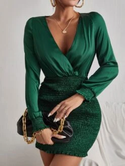 Vestito Donna Corto Scollo V Drappeggiato Manica Lunga