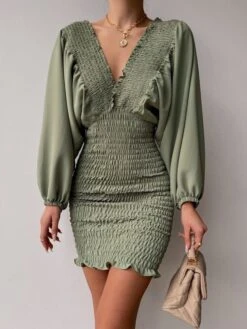 Vestito Donna Corto Scollo V Drappeggiato Manica Lunga Morbida