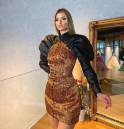 Vestito Donna Maniche Palloncino Bottoni Eco Pelle