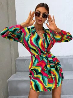 Vestito Donna Camicione Manica Lunga Fantasia