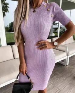 Vestito Donna Tubino Aderente Bottoni Mezza Manica