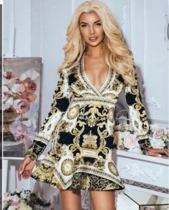 Vestito Donna Elegante Fantasia Maniche Lunghe Scollo V