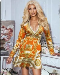 Vestito Donna Elegante Fantasia Maniche Lunghe Scollo V -Vendite Linda || VICTOR WhatsAppImage2022 02 13at14.16.28