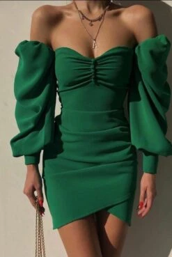 Vestito Donna Scollo Barca Cuore Manica Sbuffo Gonna Asimmetrica Elegante