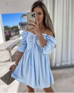 Vestito Donna Scollo Barca Fiocco Manica Sbuffo Casual