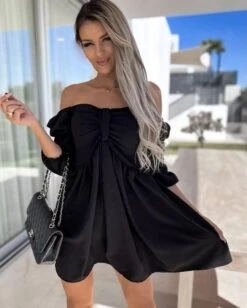 Vestito Donna Scollo Barca Fiocco Manica Sbuffo Casual -Vendite Linda || VICTOR WhatsAppImage2022 03 14at10.34.47