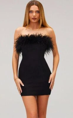 Vestito Donna Tubino Aderente Fascia Piume Elegante