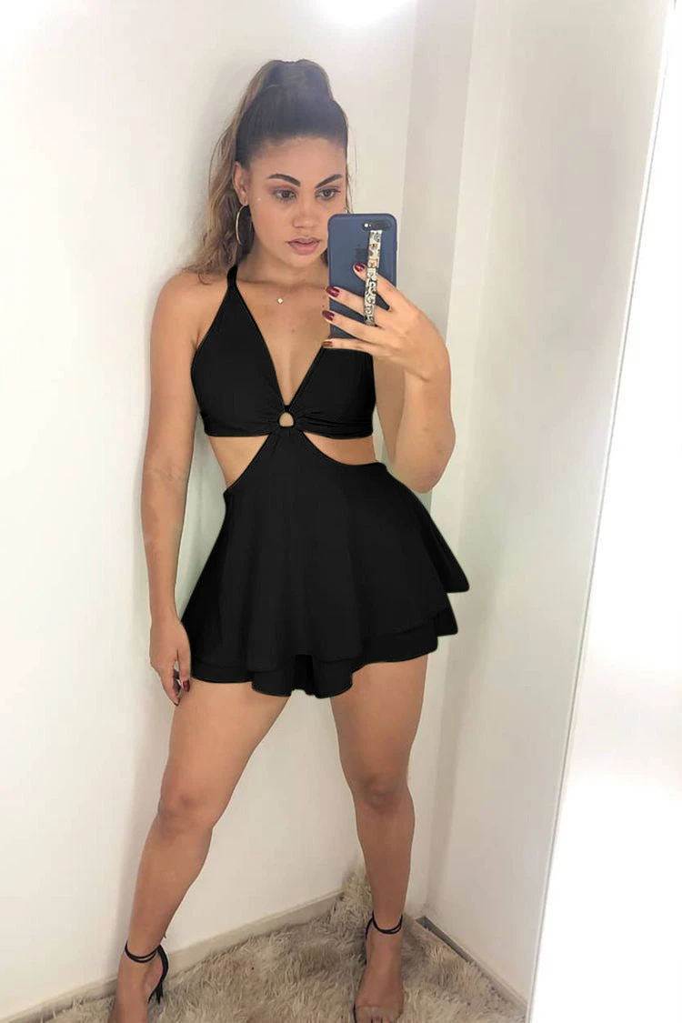 Vestito Donna Corto Scollo Cut Out Bretelle Gonna Balze Casual 2 Vestito Donna Corto Scollo Cut Out Bretelle Gonna Balze Casual - immagine 2