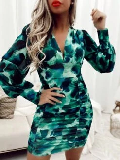 Vestito Donna Tubino Fantasia Scollo V Drappeggiato Manica Lunga Morbida