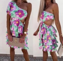 Vestito Donna Mono Spalla Gonna Balze Scollo Cut Out Casual Fantasia