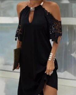 Vestito Donna Collo Gioiello Scollo Barca Manica Macramè Morbido Elegante