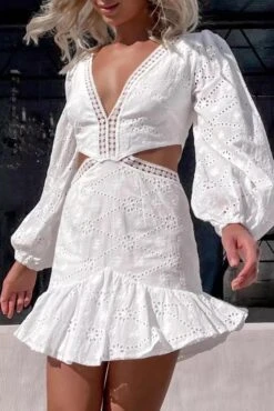 Vestito Donna Scollo V Manica Lunga Palloncino Cut Out Gonna Volant Pizzo Sangallo