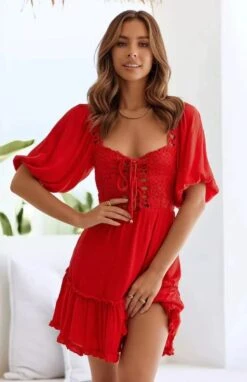 Vestito Donna Scollo Cuore Coulisse Manica Palloncino Casual