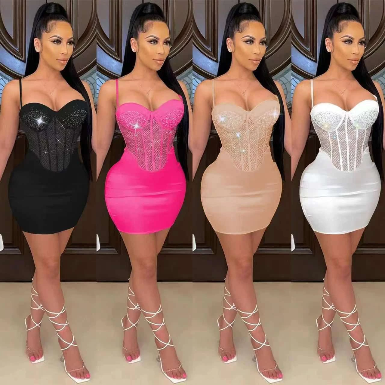 Linda Vestito Donna Tubino Scollo Cuore Bretelle Bustier Velato Strass Sexy Elegante 2 Linda Vestito Donna Tubino Scollo Cuore Bretelle Bustier Velato Strass Sexy Elegante - immagine 2