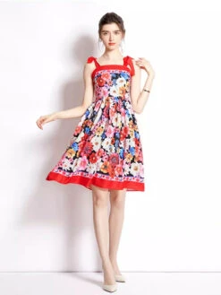 Vestito Donna Morbido Bretelle Fiocco Scollo Fascia Fantasia Fiori Multicolore