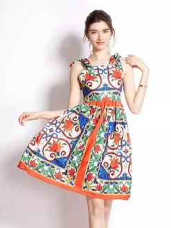 Vestito Donna Scollo V Bretelle Fiocco Fantasia Reale Elegante