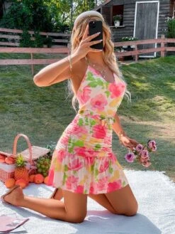 VICTOR Vestito Donna Scollo Cuore Bretelle Arricciato Rush Fantasia Fiori Casual Elegante